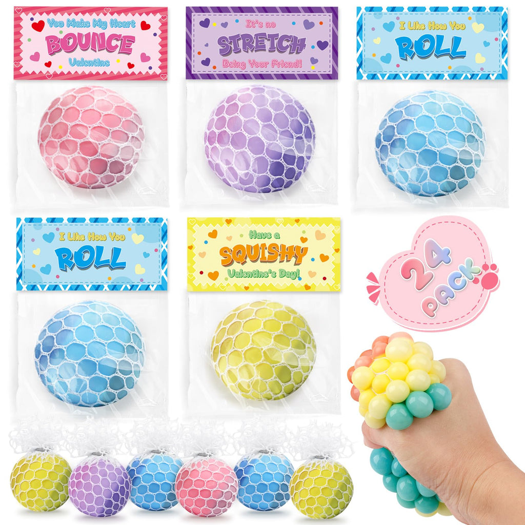 BAYSING Valentines Day Cards for Kids – 24-Pack Stress Relief Balls, Classroom Exchange & Party Favors