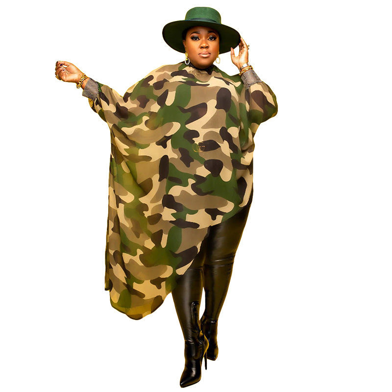 Women's Plus-Size Loose-Fit Printed Long-Sleeve Asymmetrical Dress