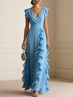 Solid Color Pleated Short Sleeves V-neck Dress