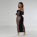 Solid Color Off-neck Sleeve Hollow Sexy Slim Fit One-piece Knitted Sheath Dress