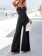 Women Sleeveless Denim Jumpsuit V Neck Wide Leg Flared Jumpsuit High Waist Back Zipper Slim Fit Denim Jumpsuit Jeans Overalls