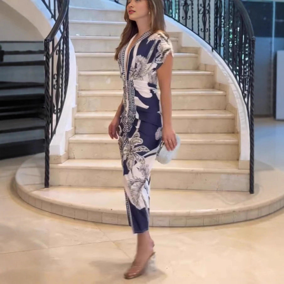 Fashionable Baroque Retro Pattern Long-Sleeve Slim-Fit Deep V-Neck Bodycon Mid-Length Skirt