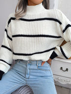 Women Casual Striped Lantern Sleeve Half Turtleneck Knit Sweater