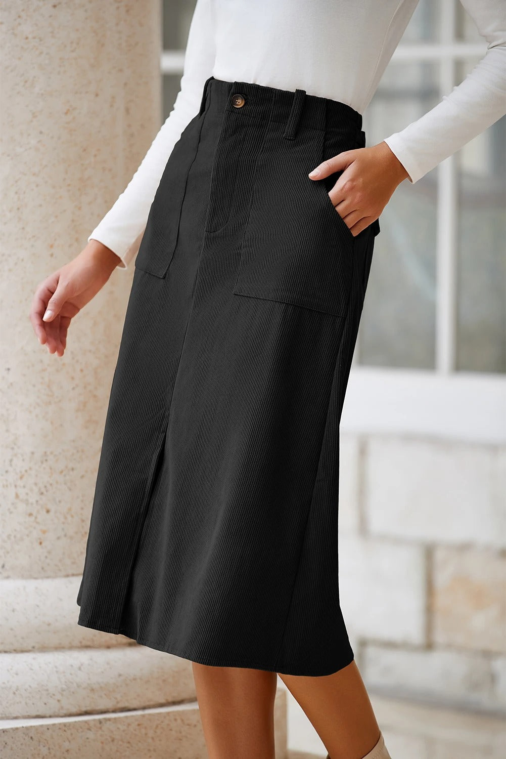 Women's Casual Black High-waisted Midi Skirt With Front Slit