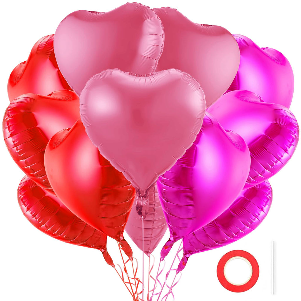 BBPOOL 12Pcs Red Pink Heart Balloons – 18-Inch Foil Hearts for Valentine’s Day, Weddings & Birthdays
