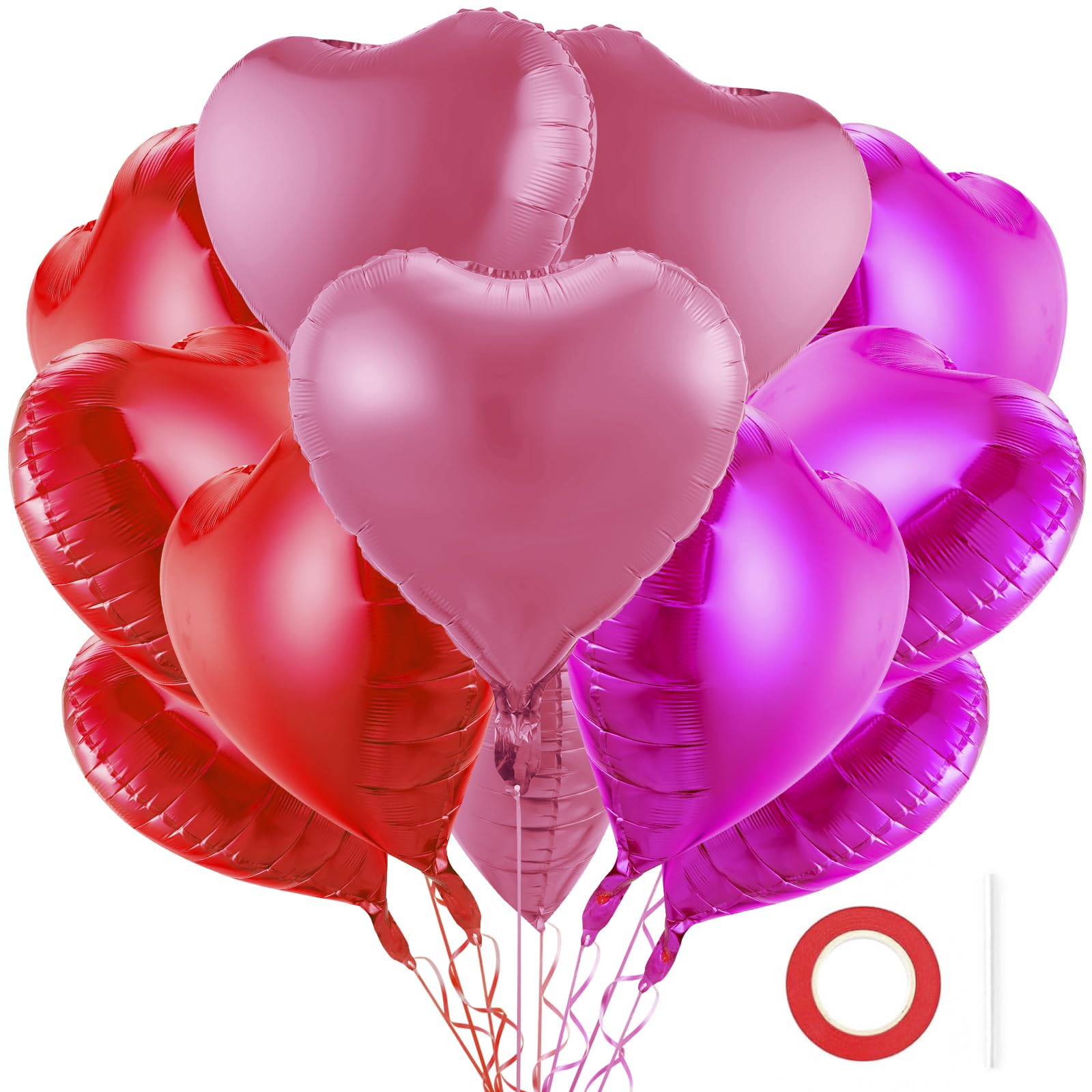 BBPOOL 12Pcs Red Pink Heart Balloons – 18-Inch Foil Hearts for Valentine’s Day, Weddings & Birthdays