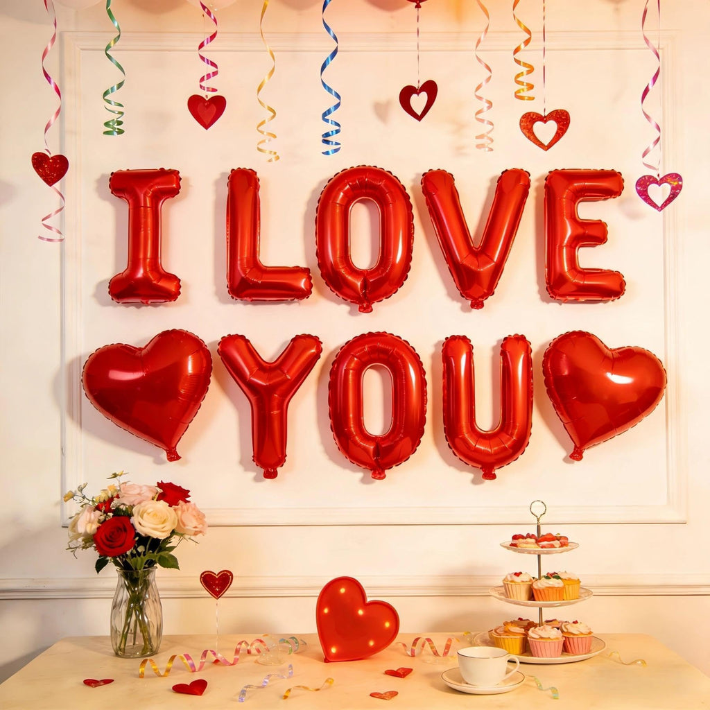 BBPOOL I Love You Balloons - 16-Inch Red Letter Balloons + 18-Inch Heart Balloons for Valentines Day