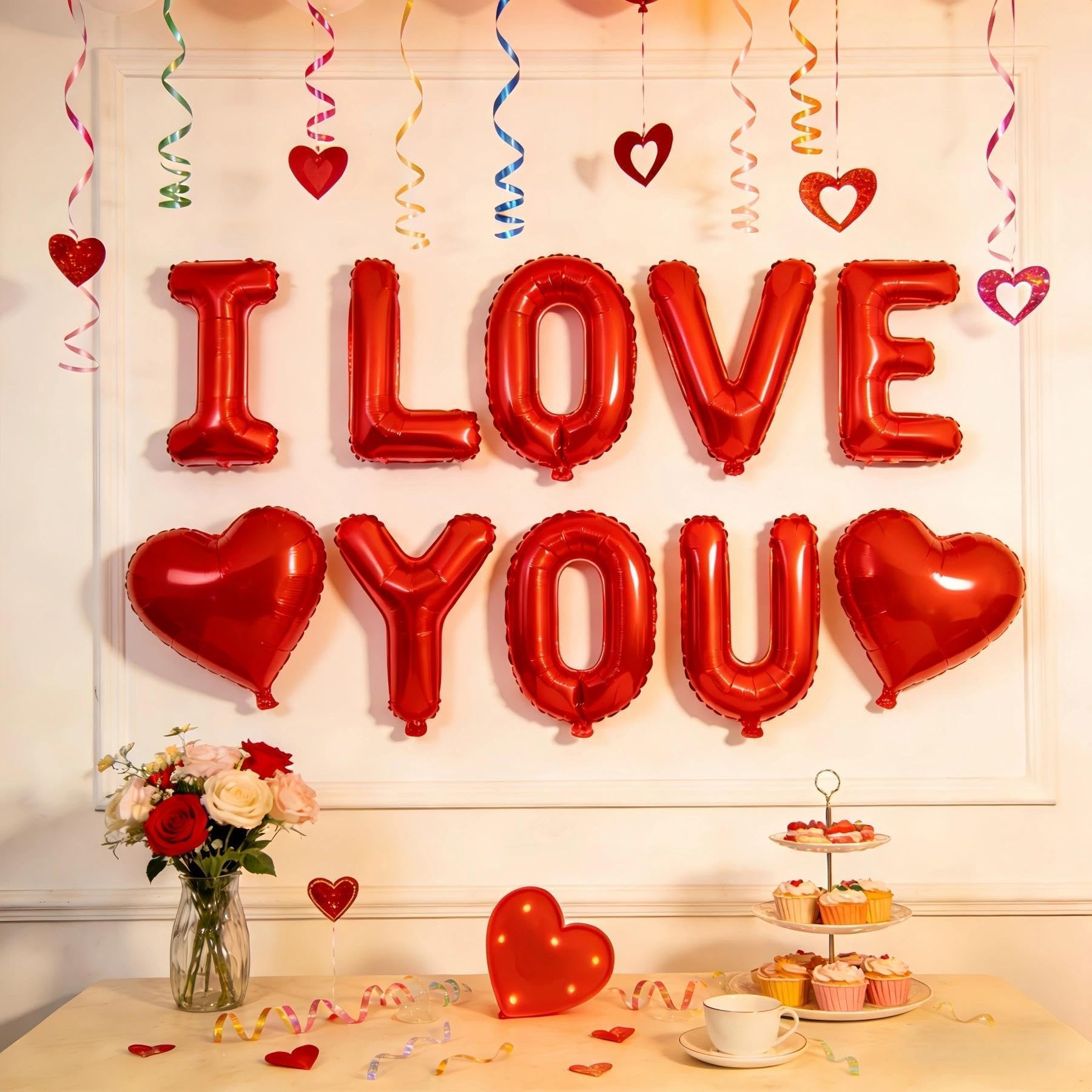 BBPOOL I Love You Balloons - 16-Inch Red Letter Balloons + 18-Inch Heart Balloons for Valentines Day