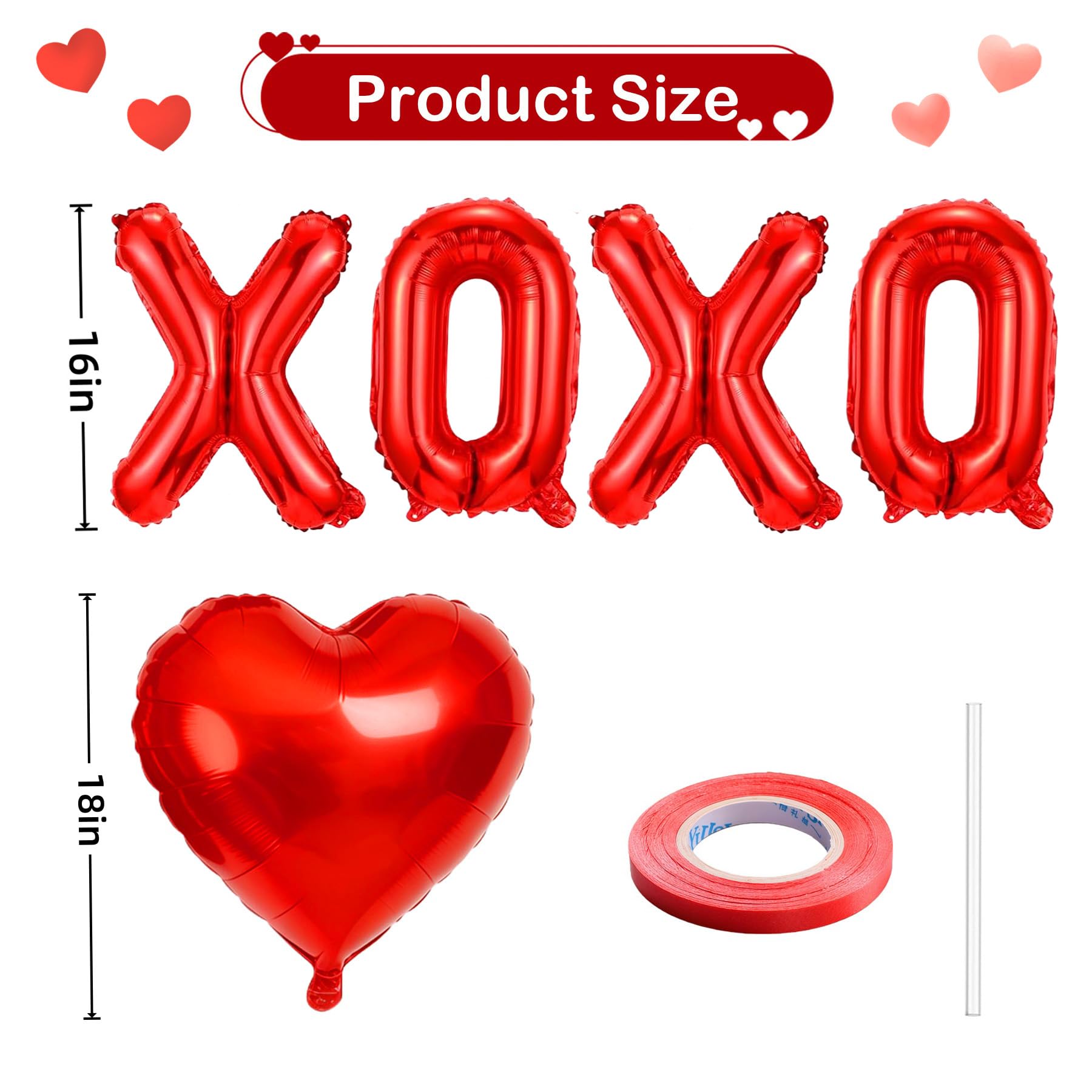 BBPOOL 6pcs XOXO Red Heart Balloons – 16in XOXO Letters & 18in Hearts Foil Banner for Valentines