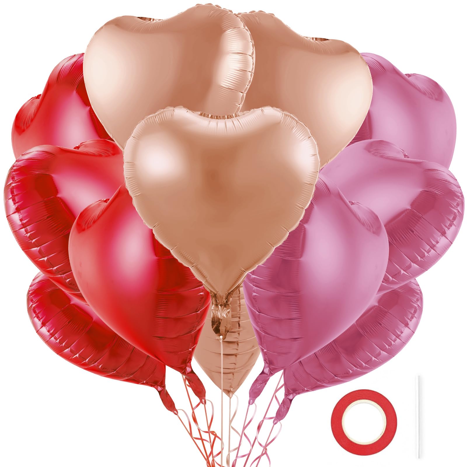 BBPOOL 12Pcs Red Pink Champagne Gold Heart Balloons - 18 Inch Foil Valentine & Wedding Decor