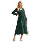Women's Solid-Color Pleated V-Neck Flowy Casual Dress