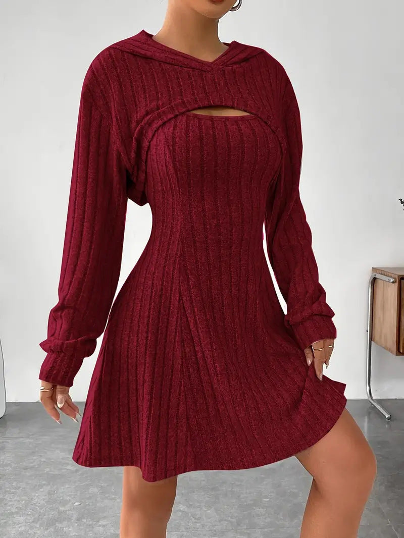 Women's Two-piece Set Dresses New Fashion Fall Winter Hooded Shawl Long-sleeved Vest Short Skirt