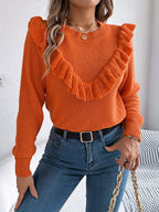Women Elegant Solid Color Ruffled Long Sleeve Pullover Sweater