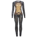 Women's Printed Sexy Mesh High Waist Slim-fit Zipper Long-sleeved Jumpsuit