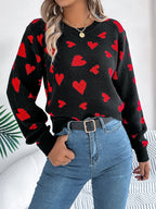 Women Casual Color Block Heart Lantern Sleeve Pullover Sweater
