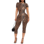 Stretchy Leopard-Print Short-Sleeve Backless Jumpsuit