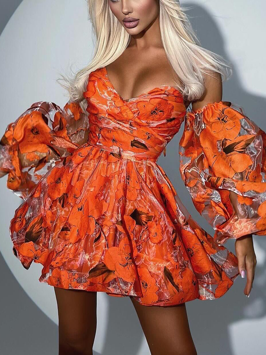 Elegant Floral Lantern Sleeve Off-The-Shoulder Mini Dress