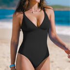 European And American Style New Swimsuit Solid Color And V-neck Slim Fit Figure Flattering Jumpsuit Women