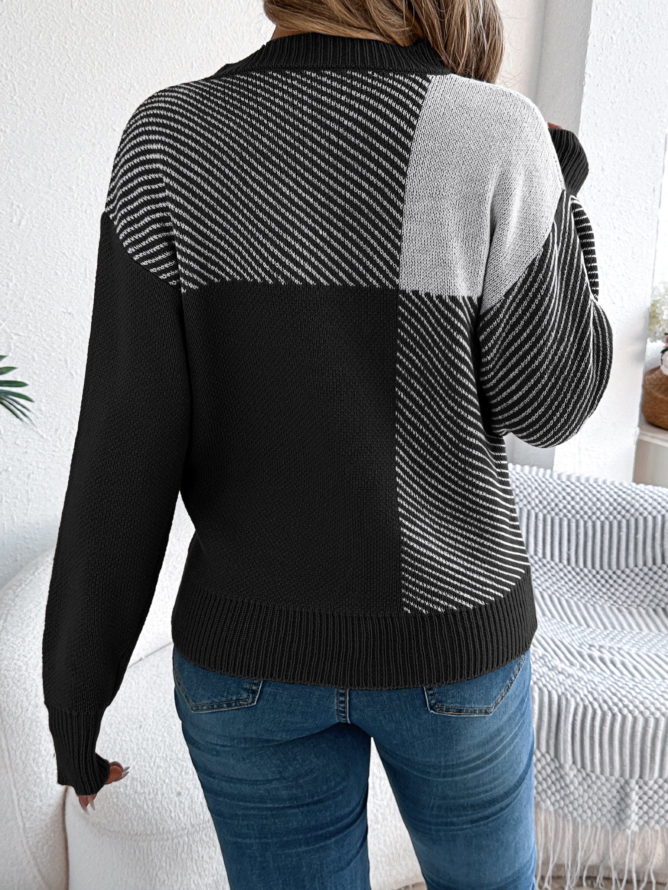 Women Casual Color Block Plaid Long Sleeve Pullover Sweater