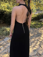 Black Open Back Slit Dress
