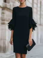 Womens Solid-Colored Ruffle-Trim Flared-Sleeve Slim-Fit Dress