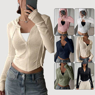 Top Slim Fit Sports Hoodie Short Zipper Hooded Sweatshirt