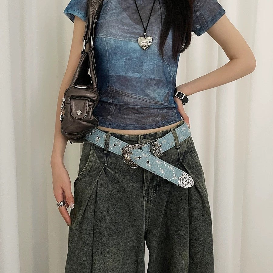 Blue Denim Belt Vintage Carved Leather Belt Accessory