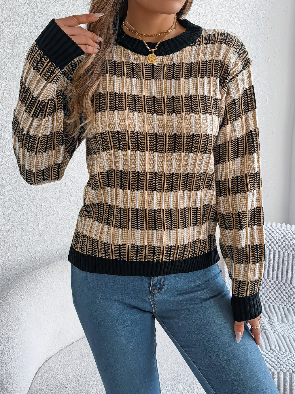 Women Round Neck Retro Stripe Lantern Sleeve Long Sleeve Pullover Sweater