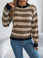Women Round Neck Retro Stripe Lantern Sleeve Long Sleeve Pullover Sweater