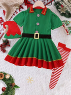 4pcs Girls Christmas Flannel Lapel Dress + Hat + Long Socks + Belt, Christmas Dress Up Outfit, Joy Festival Celebration Clothes