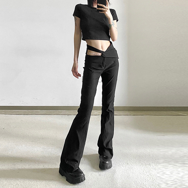 Hipster Street Hollow-out Fashion High Waist Slimming Pearl Chain Casual Trousers