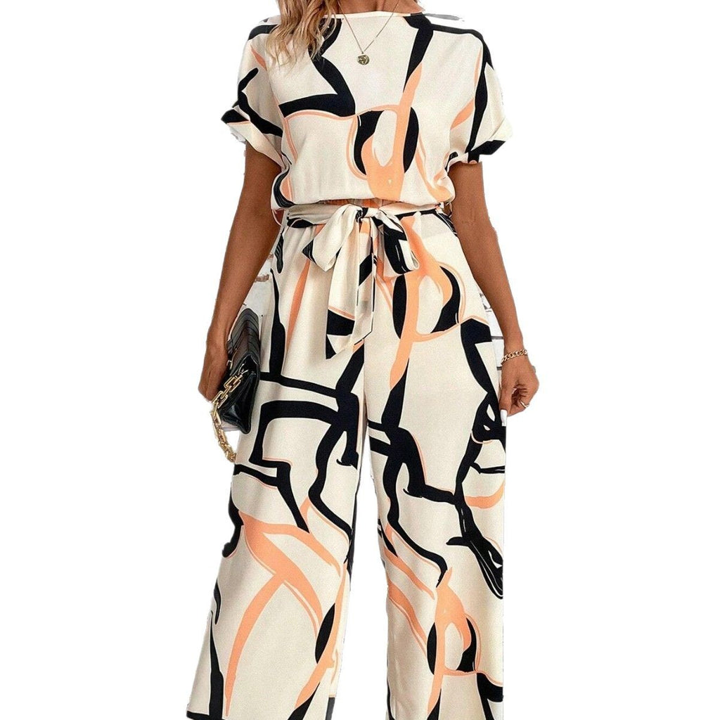 Women's Retro Waist-Cinching Figure-Flattering Elegant Short-Sleeve Printed Jumpsuit