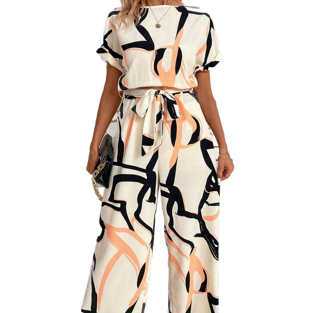Women's Retro Waist-Cinching Figure-Flattering Elegant Short-Sleeve Printed Jumpsuit