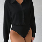 New Button Front Long Sleeve Jumpsuit Elegant Solid Color