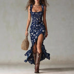 Retro Ruffle-Trimmed Sleeveless Slip Dress With High Side Slit