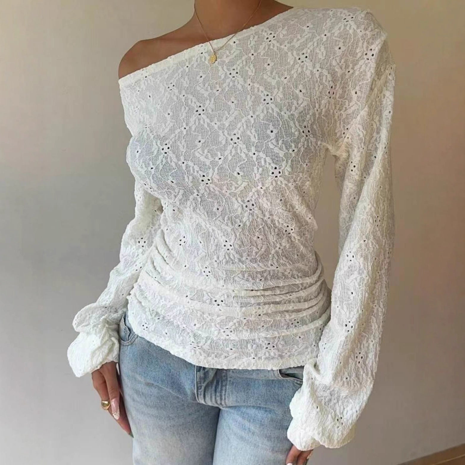 Women's Fashionable Sheer Lace Blouse With Long Sleeves