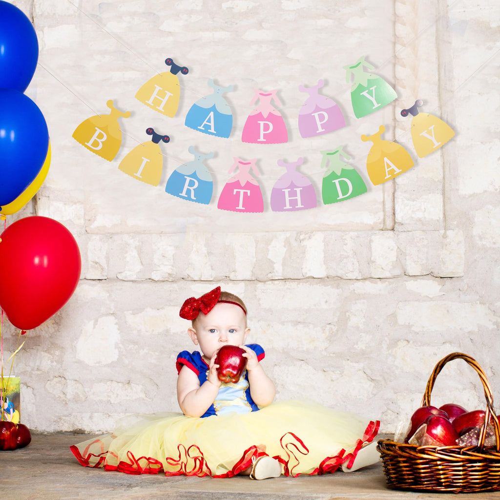 BEADED Princess Dress Happy Birthday Banner – Princess Party Decorations, First Birthday Bunting, Photo Prop (Princess-1)