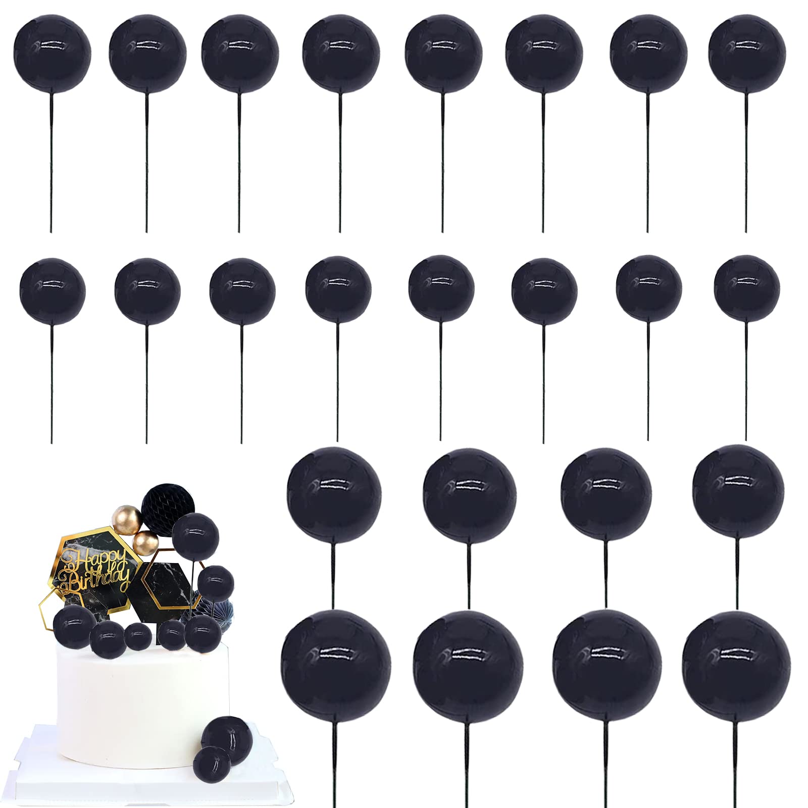 BEAIMUXI 24 Pcs Foam Ball Cake Topper Set – Assorted Sizes & Colors with Metal Wire for Cakes & Desserts