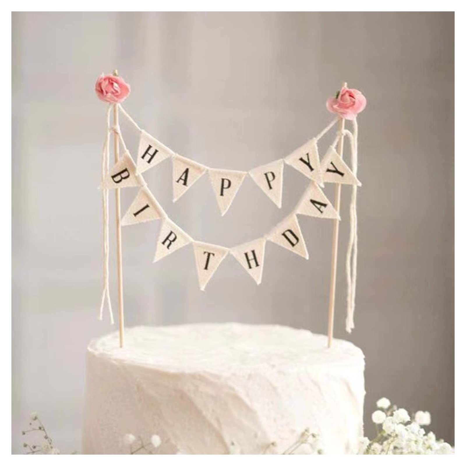 BEAIMUXI Happy Birthday Cake Topper – Ivory Cotton Banner with Pink Rose (Handmade)