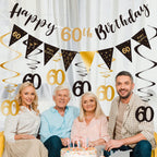 BRT Bearingshui 60th Birthday Decoration Kit – Black & Gold Banner, Bunting, Swirls & Flags