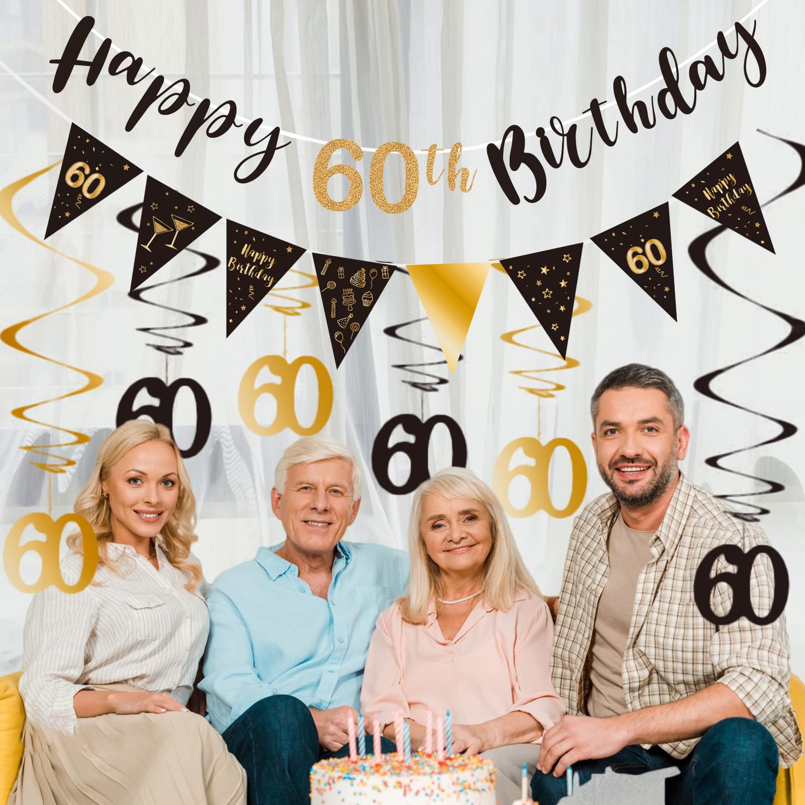BRT Bearingshui 60th Birthday Decoration Kit – Black & Gold Banner, Bunting, Swirls & Flags