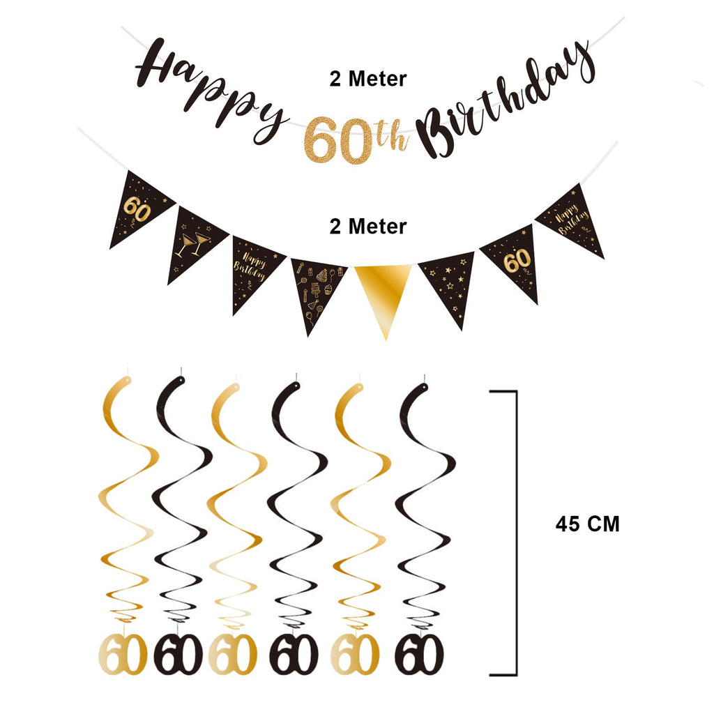 BRT Bearingshui 60th Birthday Decoration Kit – Black & Gold Banner, Bunting, Swirls & Flags