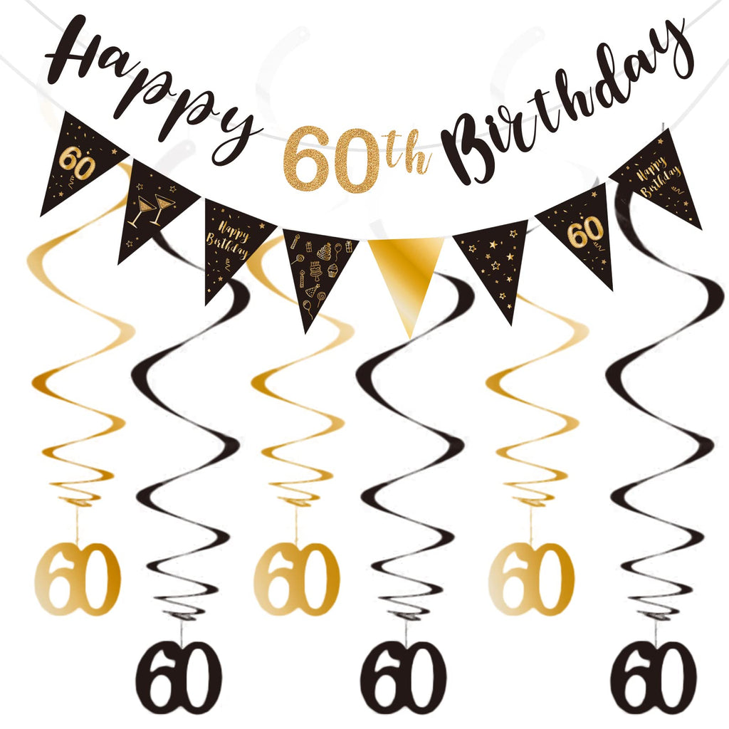 BRT Bearingshui 60th Birthday Decoration Kit – Black & Gold Banner, Bunting, Swirls & Flags