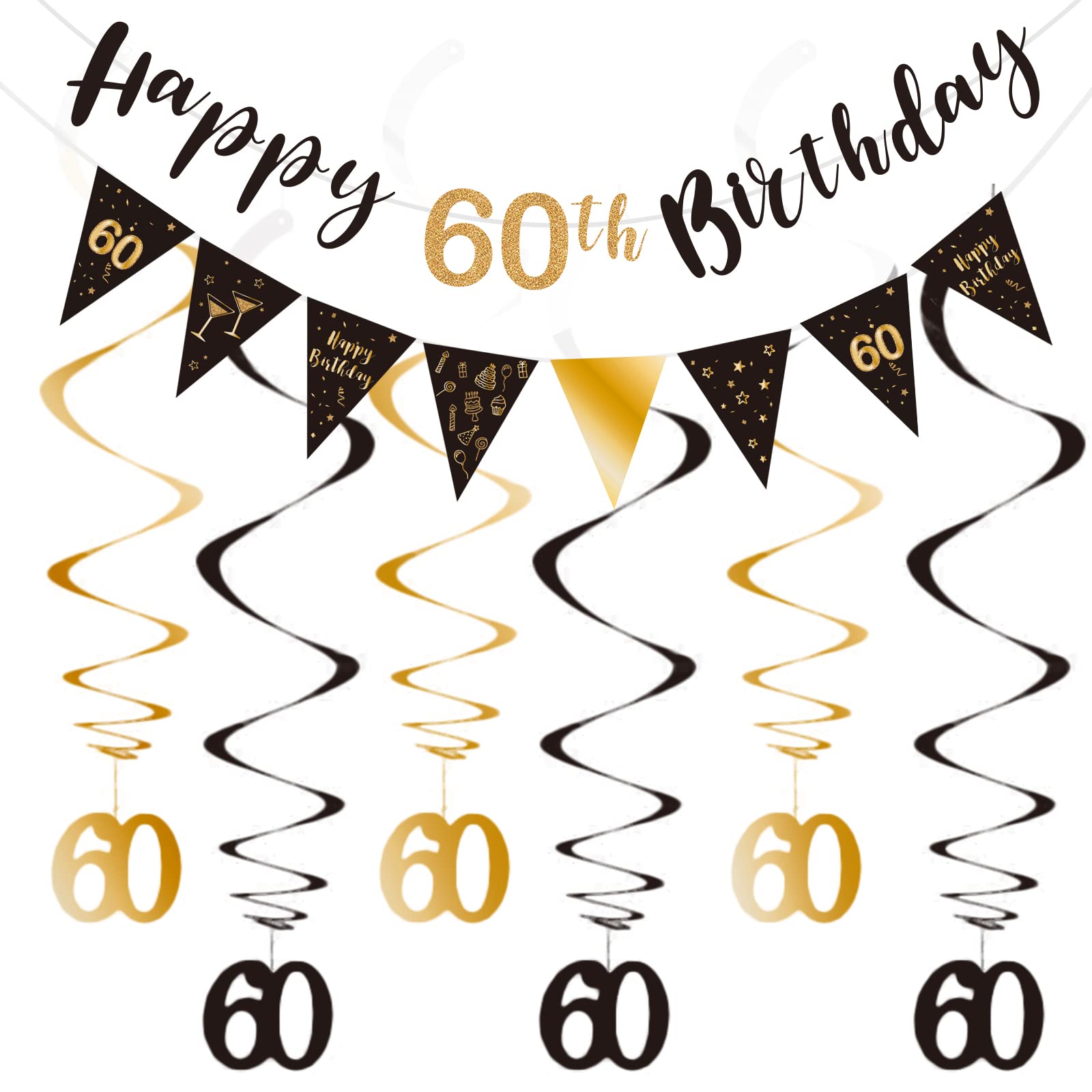 BRT Bearingshui 60th Birthday Decoration Kit – Black & Gold Banner, Bunting, Swirls & Flags