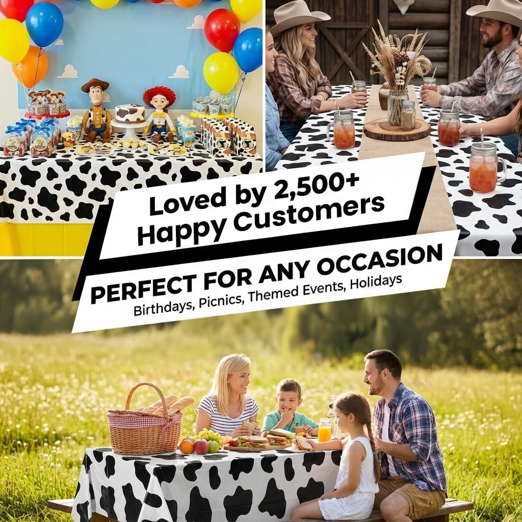 Bedwina Cow Print Tablecloths (Pack of 6) 54 x 72 in – Black & White Party Covers
