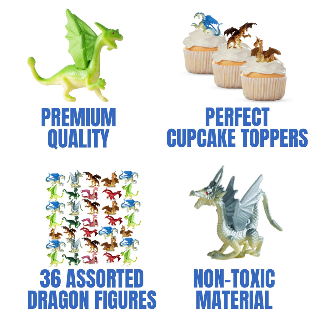 Bedwina Mini Dragon Toy Figures – Pack of 36, 2-Inch Assorted Dragons for Party Favors, Cupcake Toppers & Crafts