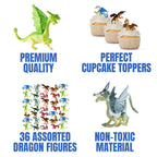 Bedwina Mini Dragon Toy Figures – Pack of 36, 2-Inch Assorted Dragons for Party Favors, Cupcake Toppers & Crafts