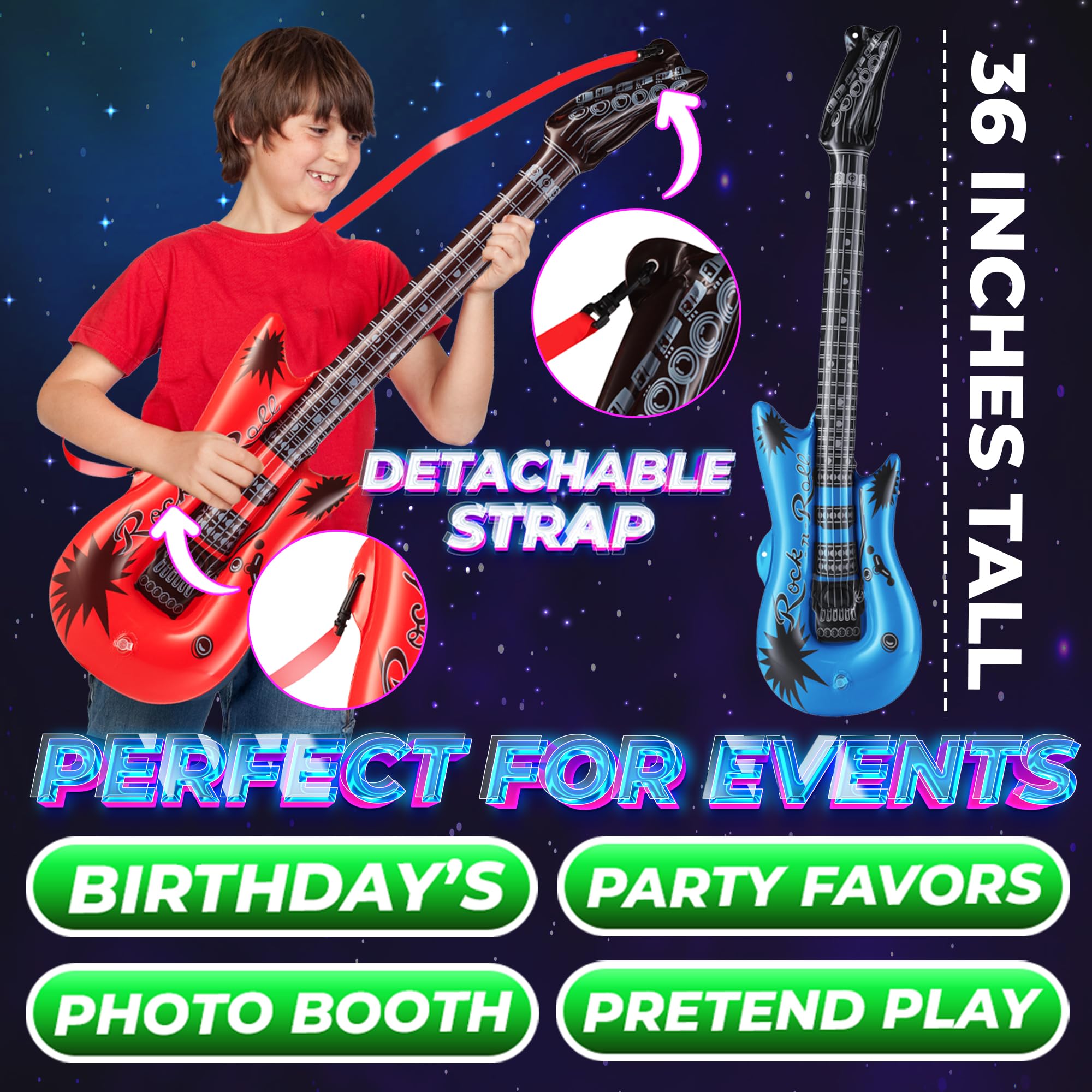 Bedwina 36in Inflatable Guitars with Strap - 12 Pack Neon Party Props