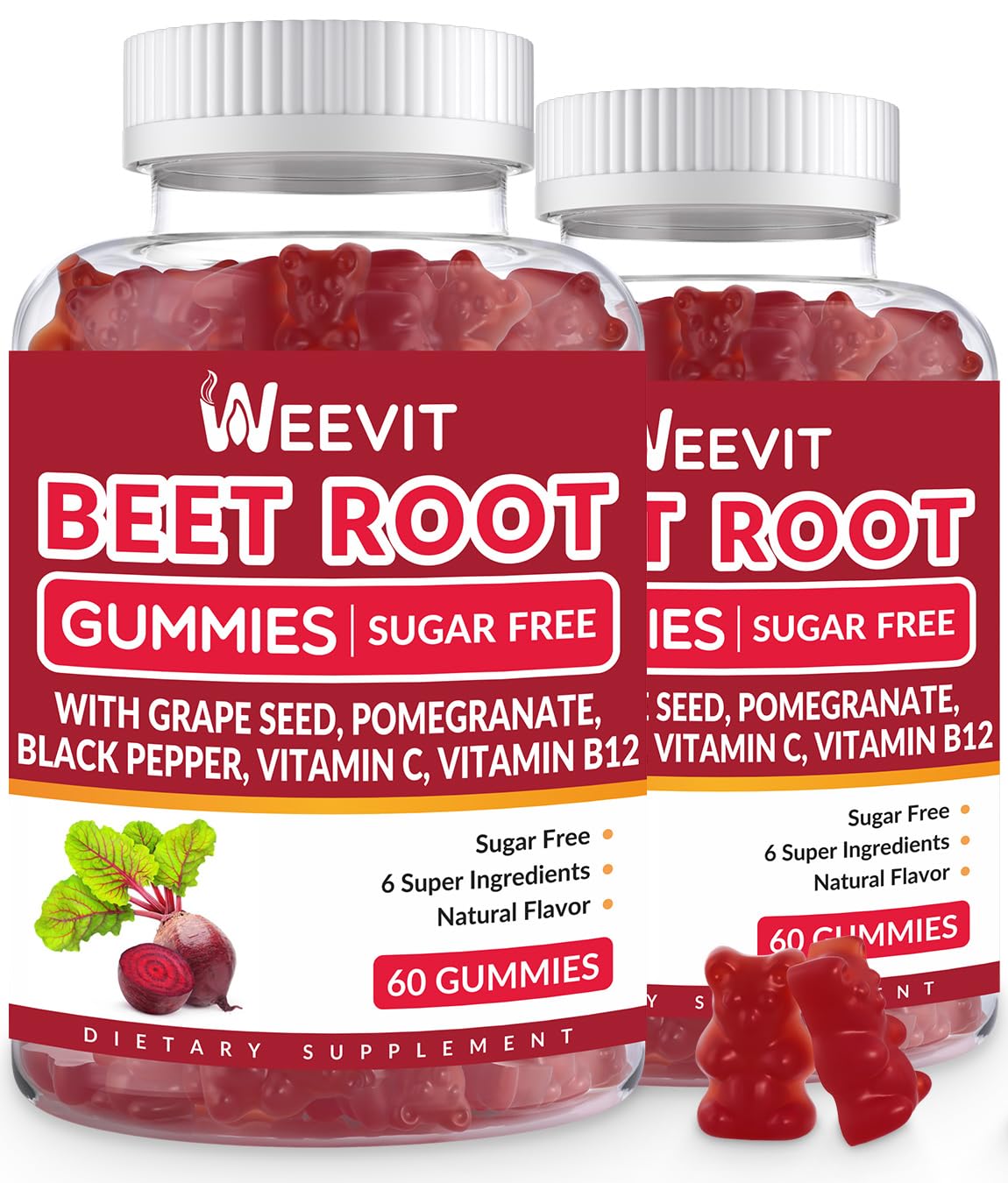 Rote-Bete-Gummibärchen, Stickoxid-Ergänzung für Männer und Frauen | Bio-Rote-Bete-Gummibärchen mit Traubenkern, Granatapfel, schwarzem Pfeffer, Vitamin C, B12