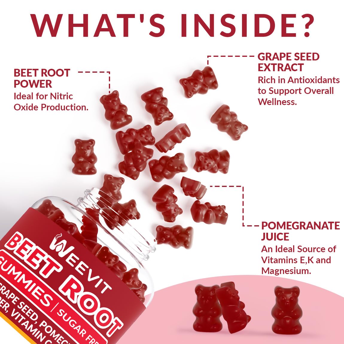Rote-Bete-Gummibärchen, Stickoxid-Ergänzung für Männer und Frauen | Bio-Rote-Bete-Gummibärchen mit Traubenkern, Granatapfel, schwarzem Pfeffer, Vitamin C, B12